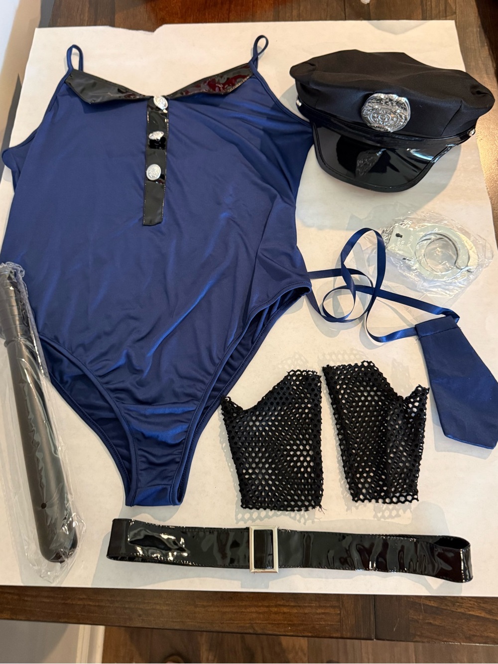 Sexy Cop Costume Set 7 Pc Blue Bodysuit Hat Baton Belt Gloves Handcuffs Tie